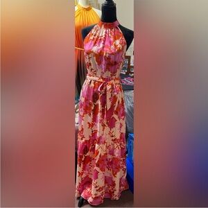 NEW! Sleeveless Maxi Dress High Neck Halter Flowing Feminine Pink Red Large